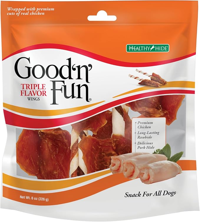 Good 'n' Fun Wings Long-Lasting Dog Treat Made With Real Protein, 8 oz | Premium Chicken, Pork and Beef Hide Chew, Supports Dental Health and Mental Stimulation, For Adult Dogs