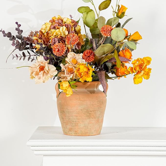 Sungmor Rustic Ceramic Flower Vase with Handles, 6.9 Inch Straight Barrel | Terracotta Plant Pots, Cement Textured Vases Home Decor, Indoor Fresh Flowers Planter, Dried Flower Arrangements
