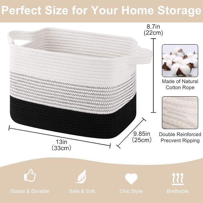 OIASKET Storage Baskets for Organizing, Woven Baskets for Shelves, Rectangle Decorative Organizer for Storage Clothes, Toy, Books, Towels Nursery Bins 3 Pack (Gradient Black, 13"x9.85"x8.7")