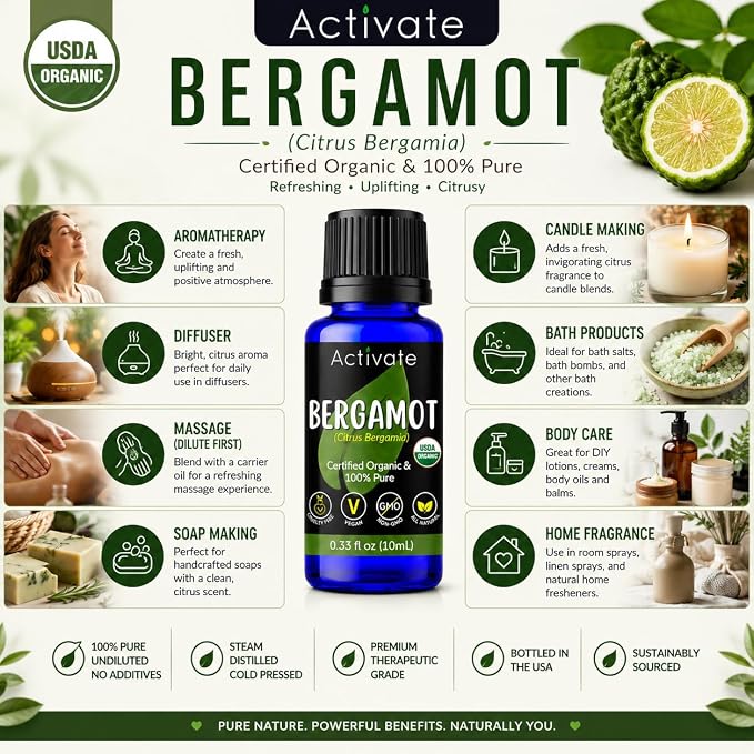 Activate Bergamot Organic Essential Oil, USDA Certified Organic, 100% Pure & Undiluted, Cold Pressed Citrus Bergamia Oil for Aromatherapy, Diffuser, Massage, DIY Skin Care, 10mL