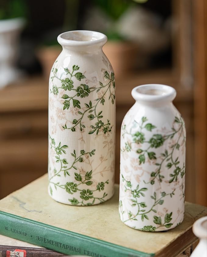 Teweiqi Vintage Vase Set of 3, Ceramic Flower Vases Chinoiserie Decor, Rustic Farmhouse Vases Retro Decorative Vases, for Home Living Room Kitchen Table Mantle Shelf Decor - Green and White