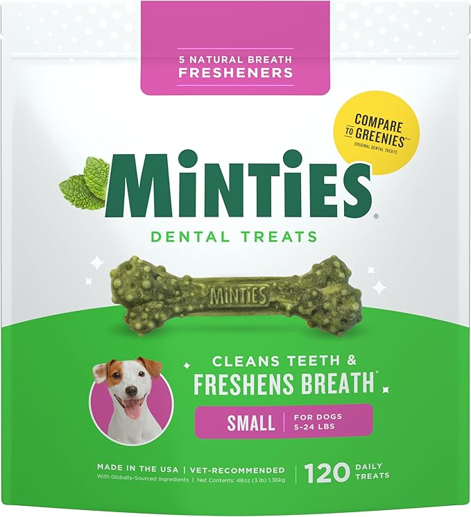 Minties Dog Dental Bone Treats, Tiny/Small Dental Dog Treats, 5-25 lbs, Clean Teeth, Fight Bad Breath, Removes Plaque and Tartar, 120 Count | Vet-recommended mint dental bone; scrubs teeth as dogs chew; fights plaque, tartar & bad breath; no soy/wheat/...