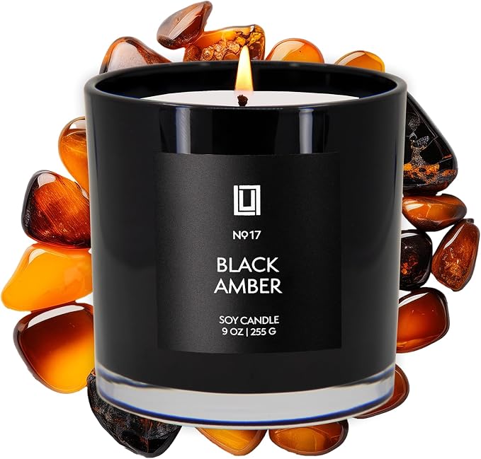 Lulu Candles | Warm Amber Candle | Luxury Scented Soy Jar Candle | Hand Poured in The USA | Highly Scented & Long Lasting (9 Oz., Black Amber)