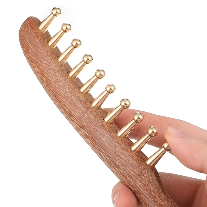 YUXIANLB Copper Sandalwood Wide Tooth Massage Comb, Rounded Bristles | meridian, acupuncture, gua sha tool, detangling sandalwood, reduces frizz and static, for hair growth scalp body relaxation