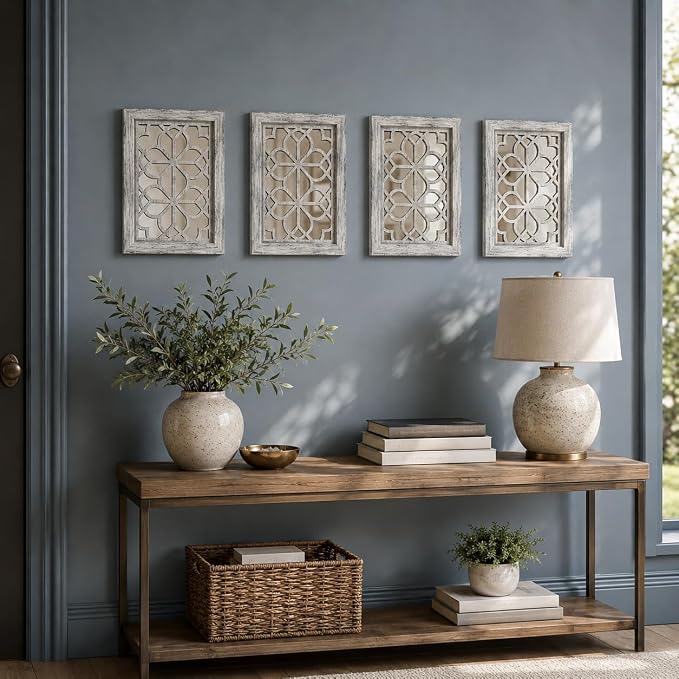 Set of 4 11x15 Inch Rectangular Shatterproof Grey Decorative Wall Mirrors, Boho Farmhouse Rustic Vintage Accent Mirrors for Living Room Bedroom Entryway & Home Decor