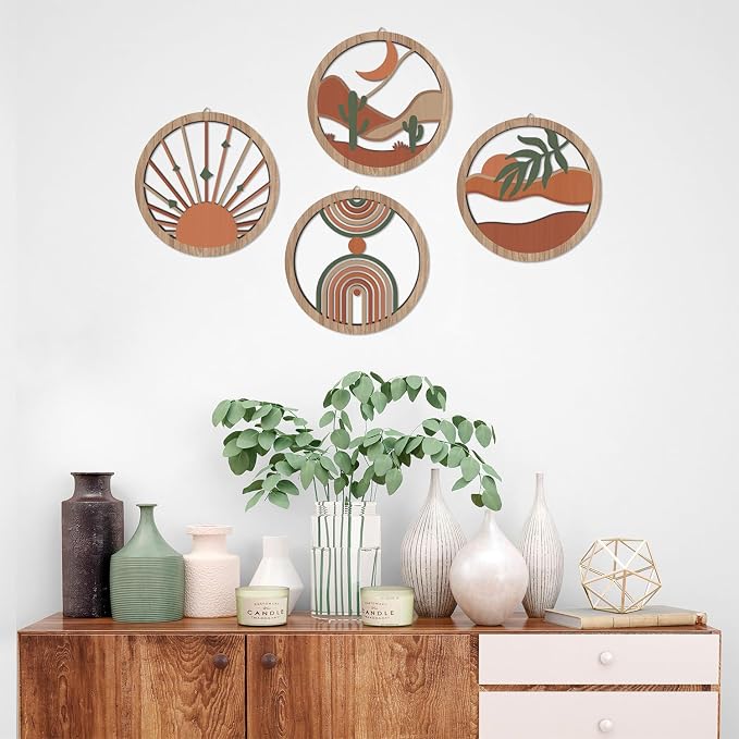 HPNIUB 4 Pcs Boho Wall Art Decor, Bohemian Geometric Hanging Wood Sign for Living Room, Aesthetic Abstract Desert Cactus, Minimalist Farmhouse Botanical Wooden Plaque for Apartment Bedroom(10''x10'')