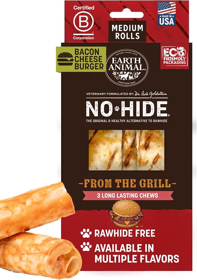 Earth Animal No Hide Dog Chews - Medium Rolls 3 Count Bacon Cheeseburger | Medium Bacon Cheeseburger Flavored Natural Rawhide Free Long Lasting Dog Chews - Treats for Medium Dogs