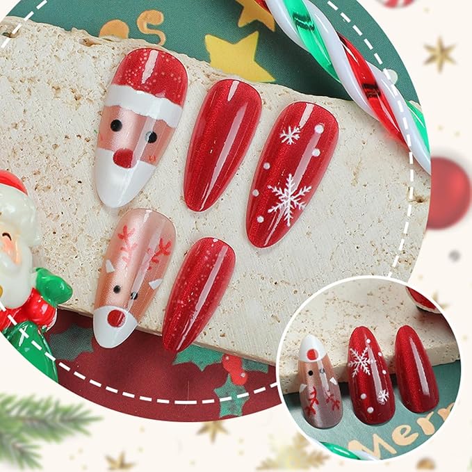 Christmas Press on Nails Glitter Fake Nails Red False Nail with Snowflakes Design Elk Glue on Nails Glossy Full Cover Xmas Artificial Acrylic Santa Claus Stick on Nail for Women Manicure 24Pcs