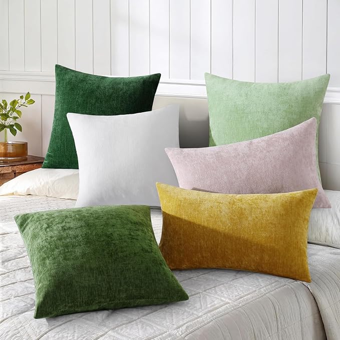 decorUhome Soft Chenille Moss Green Throw Pillow Covers 24X24 Set of 2 | Decorative Fall Couch Pillow Covers Solid Dyed Accent Modern Euro Sham Farmhouse Neutral Square Pillow Cases for Sofa