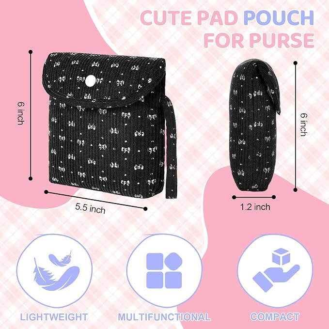 Bow Corduroy Sanitary Pad Pouch Soft Discreet Pad Bags for Period for Women Cute Nursing Pad Holder Menstrual Cup Tampon Pouch First Period Gift Feminine Bag (Pink)