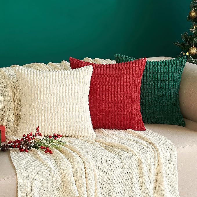 MIULEE Corduroy Decorative Throw Pillow Covers 12x12 Red Pack of 2 | Soft Boho Striped Pillow Covers Modern Farmhouse Home Decor For Sofa Living Room Couch Bed