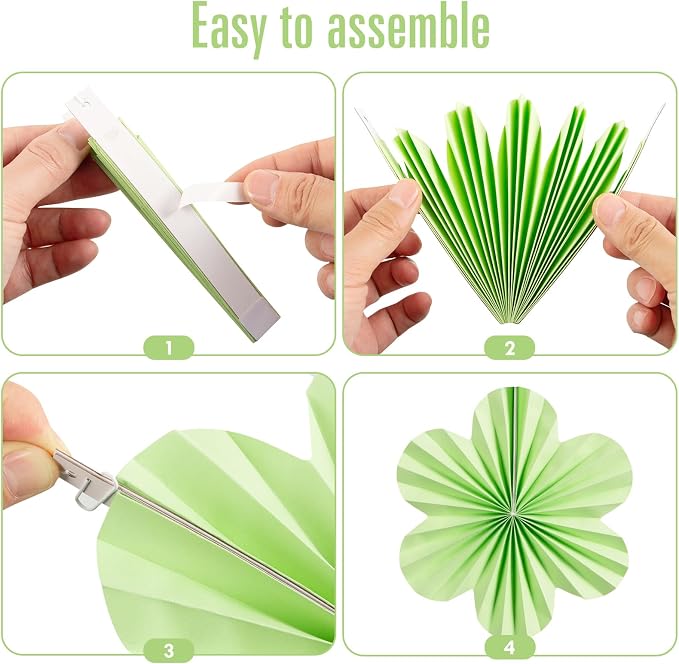 SUNBEAUTY Green Paper Flowers Decorations for Wall, Spring Summer Paper Fans Decor, Classroom Decor Paper Floral Backdrop Paper Flowers Decoration Hanging Paper Fans Green Flower Wall Decor, Set of 9