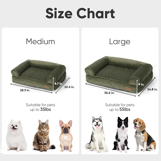 FUKUMARU Cute Dog Bed, Thickened Orthopedic Dog Sofa, Waterproof&Washable | 36" Corduroy Dog Couch with 4" Extra-Thick Egg-Crate Foam, Large Pet Bed for Medium to Large Dogs, Green