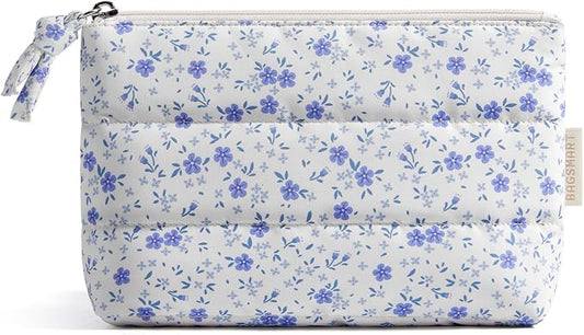 BAGSMART Small Makeup Bag, Puffy Portable Cosmetic Pouch with Charm Zipper, Water-Resistant Travel Organizer for Women (Blue Ditsy Floral Print, Small)
