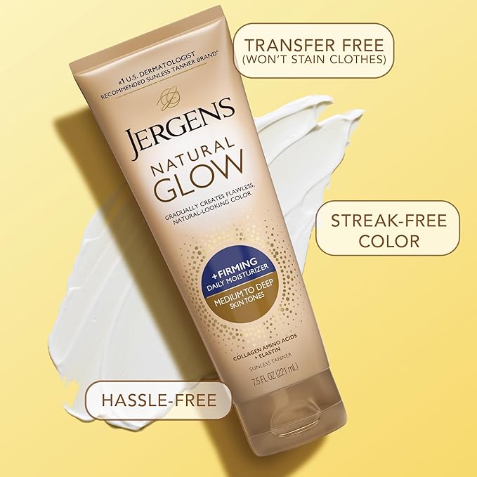 Jergens Natural Glow +Firming Self Tanner Body Lotion, Medium to Deep Skin Tone, Sunless Tanning Moisturizer with Collagen and Elastin, Helps to Visibly Reduce Cellulite, 7.5 Oz, Pack of 2