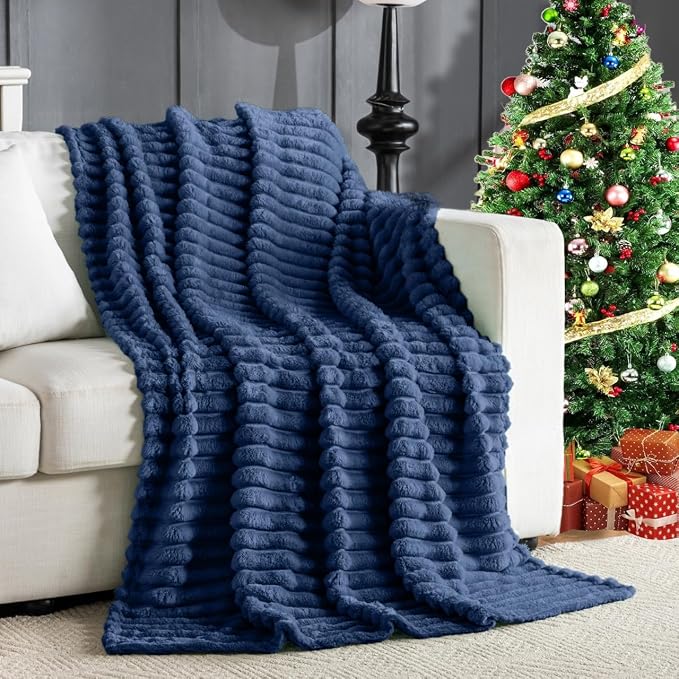Wider Striped 380gsm Navy Throw Blanket for Couch Super Soft Cozy Blankets for Women Fuzzy Fleece White Blanket for Bed Sofa 50x60