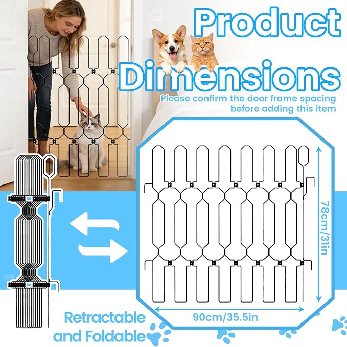 Retractable Metal Dog Gate for Front Door, Bite-Proof Pet Door Barrier, Foldable Space-Saving Wall-Mounted for Small and Medium-Sized Dogs, Easy Install Dog Gate, Indoor/Outdoor (W: 35.5in H: 31in)