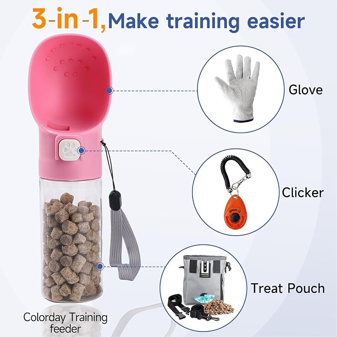 Colorday Handheld Dog Treat Dispenser, 10 OZ, Pink | Built-in Clicker, Treat Pouch, Slow Feeder, For Walking Hiking Traveling Puppy Training