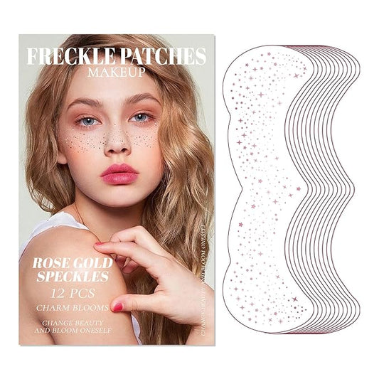 ROSE GOLD Glitter Freckles Makeup Patches, 12PCS Speckles Face Tattoos Sticker Set, Temporary Face Sparkle Sticker Makeup Accessories for Women Girl, Lasting & Waterproof