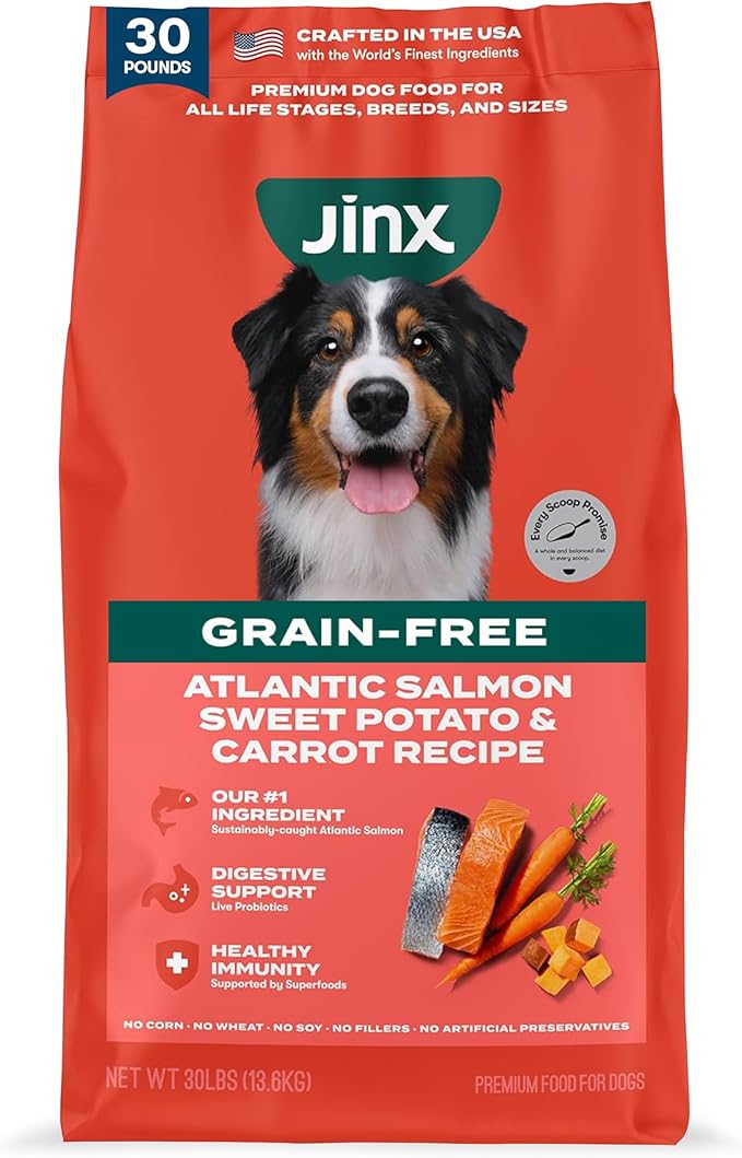 Jinx Grain Free Dry Dog Food - Real Salmon, Sweet Potato & Carrot, 30lb | Premium Kibble for Digestive Support & Healthy Immunity - No Fillers, All Lifestages (Puppy, Adult & Senior), Breeds & Sizes