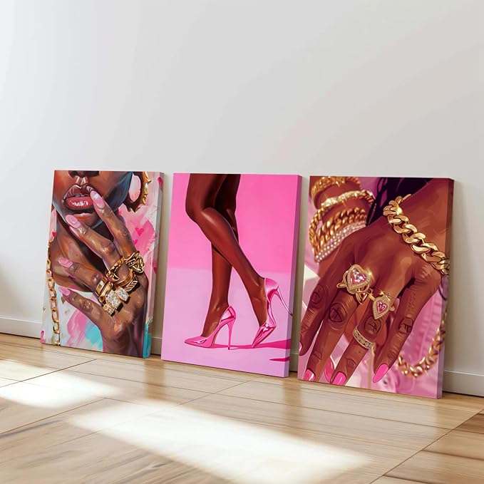Black Girl Wall Art Set of 3 Pink Fashion Black Woman Canvas Wall Decor Pictures African American Women Paintings Home Decor Posters Prints for Living Room Bedroom Bathroom 12x16Inch Framed