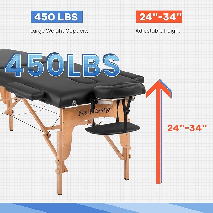 BestMassage Massage Bed Portable Massage Table 28 inch Wide Lash Bed Height Adjustable PU Leather 2 Folding with Oxford Bag for Spa Footmassage Facial CareSpa Tattoo