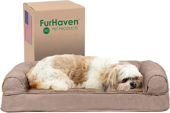 Furhaven Cooling Gel Dog Bed for Medium/Small Dogs w/ Removable Bolsters & Washable Cover, For Dogs Up to 35 lbs - Plush & Suede Sofa - Almondine, Medium
