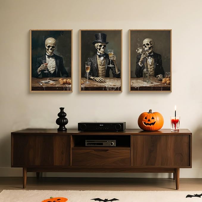 FWIEXA Halloween Skeleton Canvas Wall Art Set of 3, Gothic Skull Framed Painting Artwork, Dark Reaper Prints, Creepy Spooky Decor 16x24In for Party, Bar, Gift, Living Room, Bedroom
