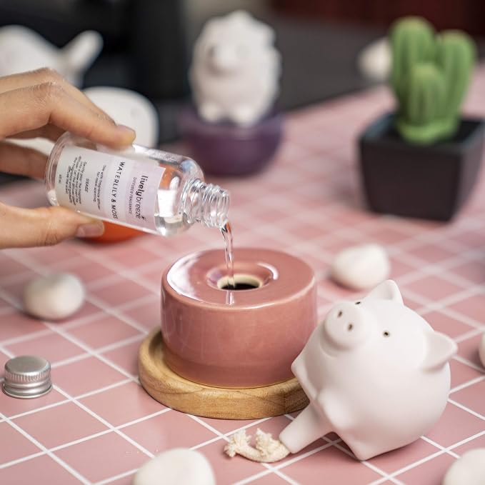 Pinky Pig, Diffusers for Essential Oils and Aromatherapy Fragrance, Non-Electric Ceramic, White Ceramic Oil Diffuser Car, White Ceramic Diffuser Bathroom and Desk Office Decor, Pink Vase