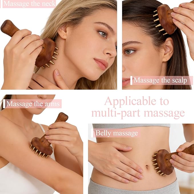 24teeth Copper Head Massage Comb for Body and Scalp Meridian Point Massager Brush for Body and Scalp Relief Body Massage Brush for Cellulite Remover Chinese SPA Gua Sha Tool Wooden Handle