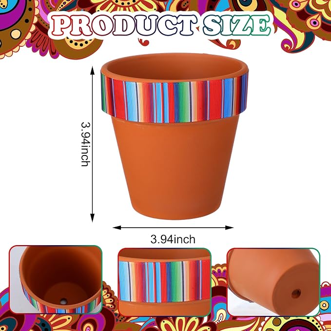 Reallnaive 9 Pcs Mexican Vase Table Decorations Fiesta Centerpieces | 4 Inch Terracotta Clay Pot with Drainage Hole, for Marigold Flower, Day of The Dead Table Decorations, Halloween Party Favor
