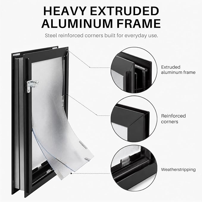 Door Model | Cat & Dog Doors | Energy Efficient Double Vinyl Flaps | Locking Security Cover | Skilled Install Required | Heavy Frame of Extruded Aluminum | Steel Reinforced Corners | Hale Pet Door