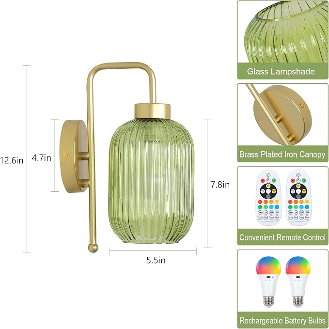 Gold Wireless Sconces Set of 2 with Green Stripe Glass Shade, Battery Operated Wall Sconces with Remote and Dimmable Bulb, Vintage Rechargeable Cordless Wall Lights For Bedside Living Room Bathroom
