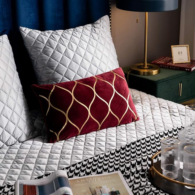 Gold Velvet Throw Pillow Covers: 2 Pack 12x20 Inch Rectangular Decorative Pillow Cases for Bedroom Sofa Couch Living Room, Christmas Burgundy Red