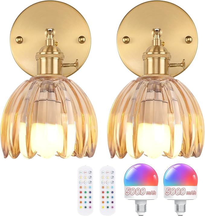 Shenmoyl Vintage Battery Operated Wall Sconce with Amber Tulip Glass Lampshade 5000 mAh Rechargeable Battery Powered Wall Light with Remote Control for Bedside Bedroom Doorway, Set of 2