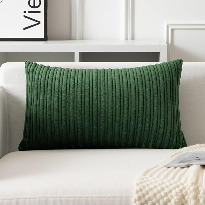 UGASA 12x20 Inch Lumbar Soft Throw Pillow Covers Striped Corduroy Decorative Both Sides Solid Rectangular Cushion Cases Boho Farmhouse for Couch Bedroom Sofa Home, Pack of 2, Christmas Green