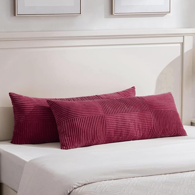 Fancy Homi Set of 2 Burgundy Boho Long Lumbar Body Decorative Throw Pillow Cover 14x36 Inch for Bed Couch Bedroom Bench, Soft Patchwork Corduroy Textured Pillow Case, Rustic Farmhouse Room Décor