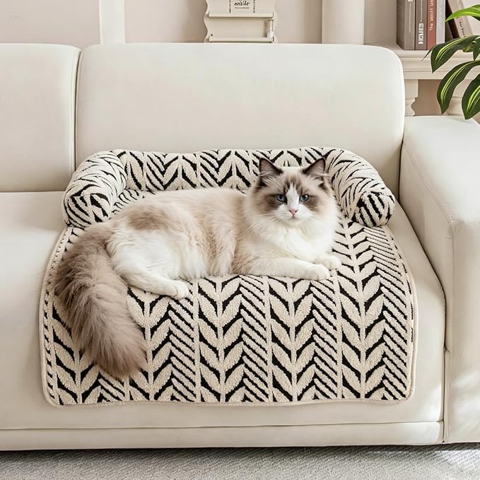 Cat Bed Blanket with Pillow, 31.5''x35.5'' Washable Pet Sofa Cover, Couch Protector Pet Blanket Cat Mat, Non-Slip Furniture Protector Mat (Black & White Leaf-Patterned)