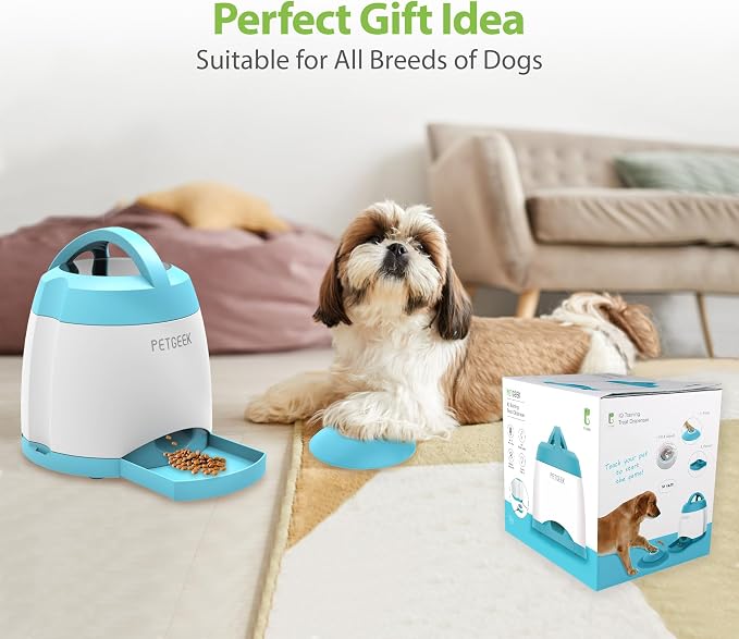 PETGEEK Dog Treat Dispenser Toy, USB-Charged Interactive Toy for IQ Play | Remote Push Button Control, 400ml Capacity Upgraded 3000mAh, Relieves Boredom, Blue Slow Feeder for Indoor& Outdoor Play