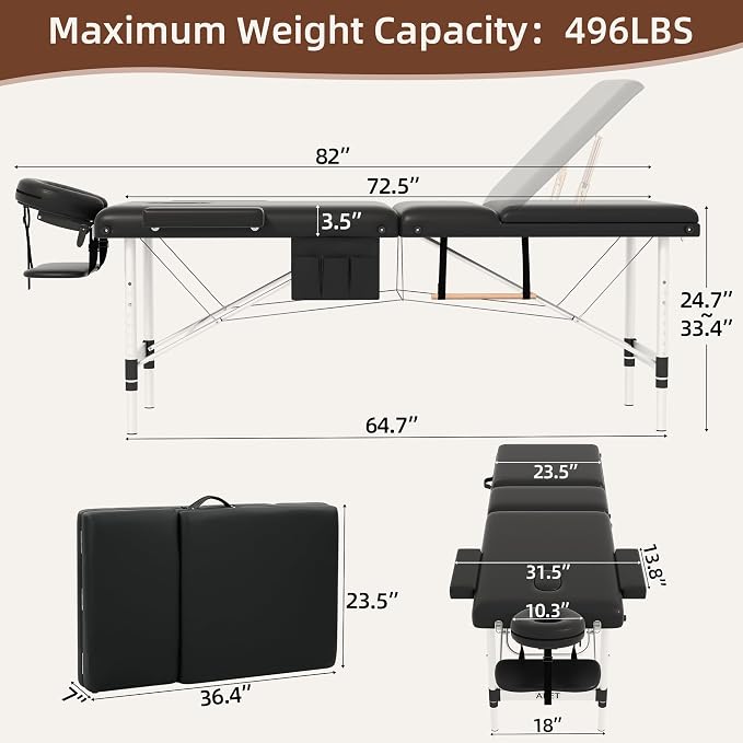 ABET Massage Table, 3 Fold Portable Professional Lash Tattoo Spa Bed, Height Adjustable 23.5" Wide Compact Facial Table with Detachable Oil Pocket Towel Rod Face Cradle Armrest, Aluminum Feet & Black