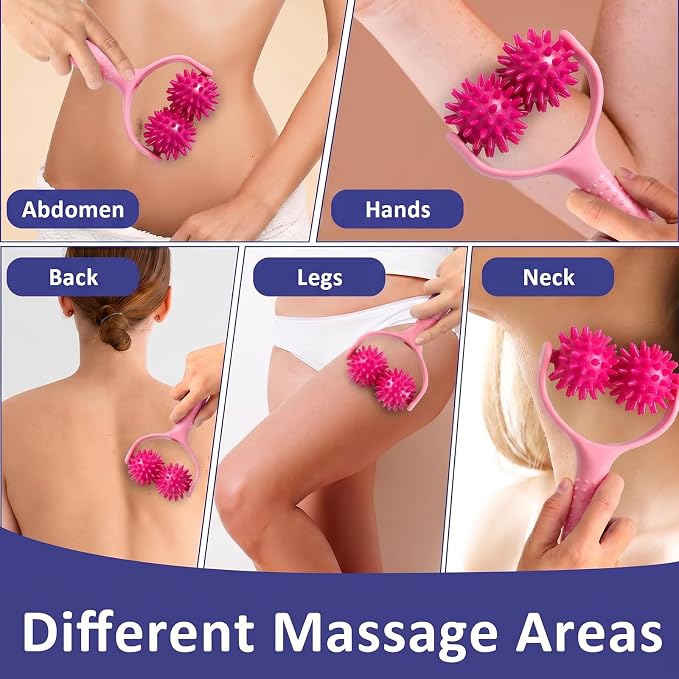 Handheld Spiky Massage Balls Rollers, 2 Wheel Spiky Silicone Manual Massage Roller with Ergonomic Handle, Portable Pressure Point Muscle Massages Tool for Foot Arm Body Neck Leg Pain Pressure Relief