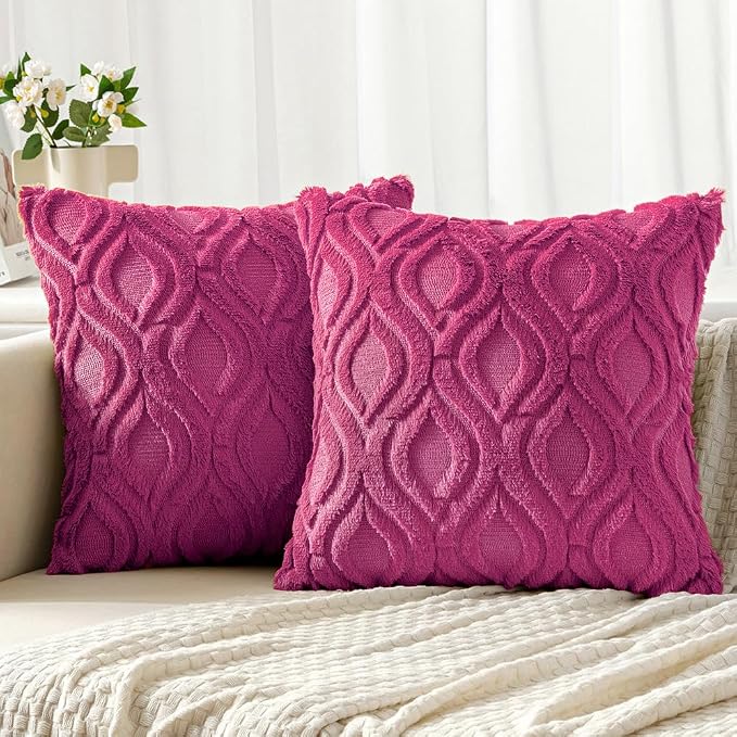 MIULEE Hot Pink Soft Plush Faux Wool Throw Pillow Covers 20x20 | Set of 2, Farmhouse Boho Home Decor, Decorative Cushion Covers for Sofa, Living Room, Bed