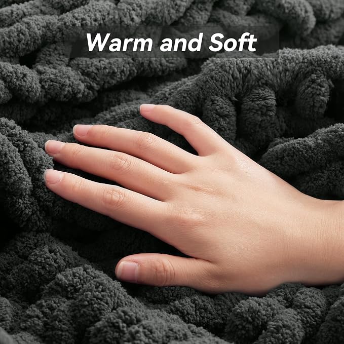 Negwoo Chunky Knit Throw Blanket, Knitted Throw Chenille Yarn, 30"*40" | Soft Thick Cable Knitted Blankets, Handmade Big Thick Blanket, Machine Washable Cute Comfy Blanket for Home Decor, Dark grey