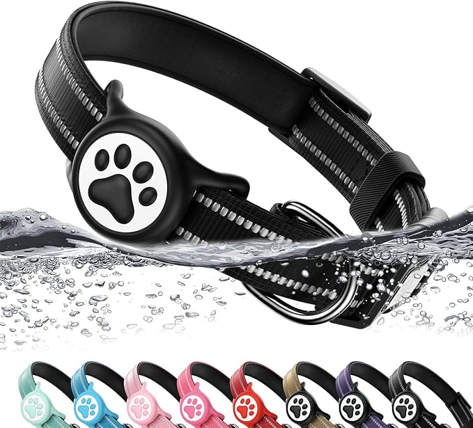 Premium Airtag Dog Collar，with IP68 Waterproof AirTag Holder,Black,M | Soft,Breathable,Nylon Padded,Reflective,Ultra-Durable Buckle,Adjustable,Comfortable for Small Medium Large Dogs