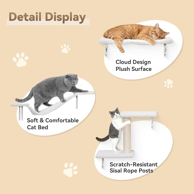 Meecal 6-in-1 Cat Wall Shelves, Wall Mounted Cat Furniture Set, Cat Shelves for Wall with Scratching Posts, Cat Bed & Bridge, Space Saving Cat Climbing Perch for Kittens, White