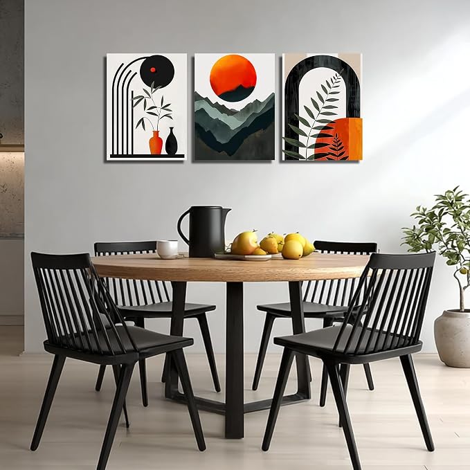 DNIEOTU Boho Wall Art for Living Room, Bohemian Canvas Wall-Decor for Bedroom, Mountian Moon and Geometric Shapes Picture Prints, Size 12 x 16 Inches 3-Pieces