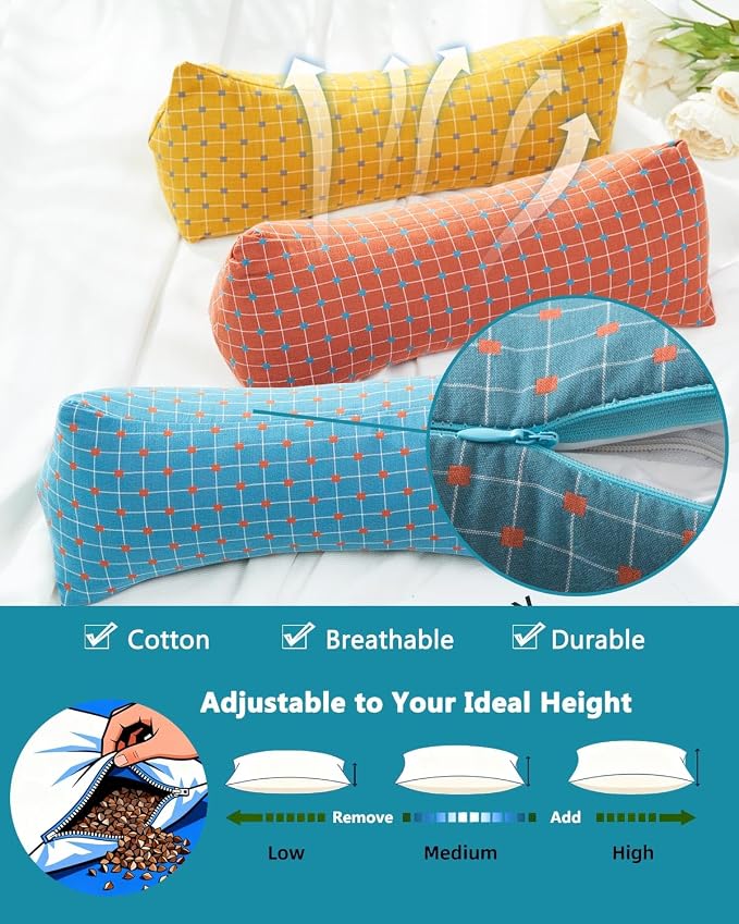 Wedge Contour Buckwheat Pillow for Neck Pain Relief, Ergonomic Triangle Neck Pillow for Side and Back Sleepers, Adjustable Breathable Pillow with Washable Cover 15.7"x5.9", Red