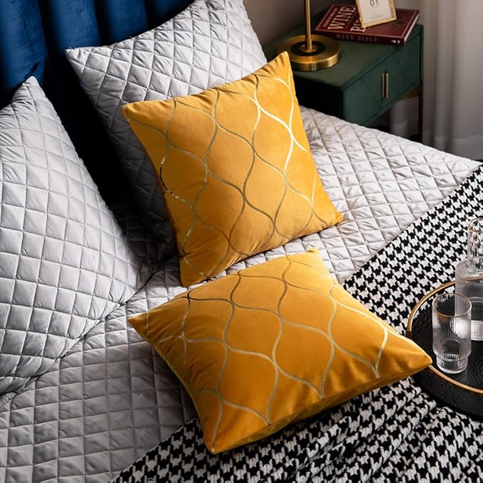 24x24 Inch Gold Velvet Throw Pillow Covers: 2 Pack Square Decorative Pillow Cases for Bedroom Sofa Couch Living Room, Yellow