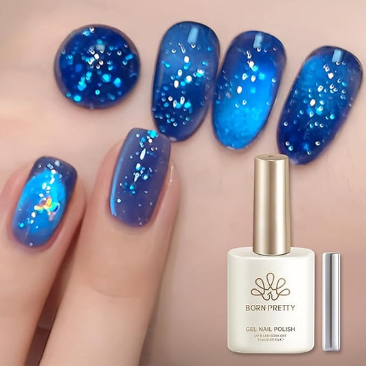 Born Pretty Blue Bubble Cat Magnetic Eye Gel Nail Polish 15ML Spring Summer Bubble Holographic Glitter Jelly Magnetic Gel Polish Reflective Translucent U V Nail Gels for Manicure DIY