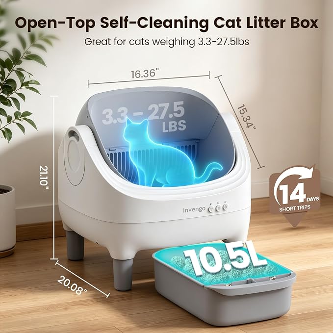 Invengo Automatic Cat Litter Box Self Cleaning, App Control, Open-Top Automatic Litter Box with Safety Sensors, Ultra-Quiet, 10.5L Waste Bin with Odor Control, 2 Rolls of Garbage Bags, Slate Gray